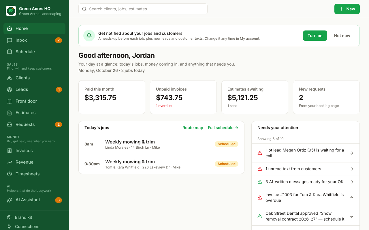 The Yardova Home screen: today's jobs, money in and what needs attention